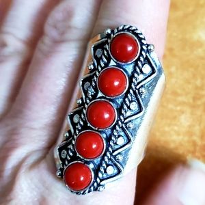 New 5 Stone Coral Adjustable Silver Statement Ring.
